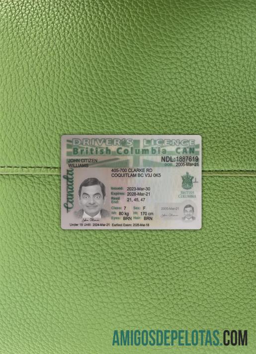 Carteira de motorista da Colúmbia Britânica do Canadá 2021 presente fotolook frente exemplo